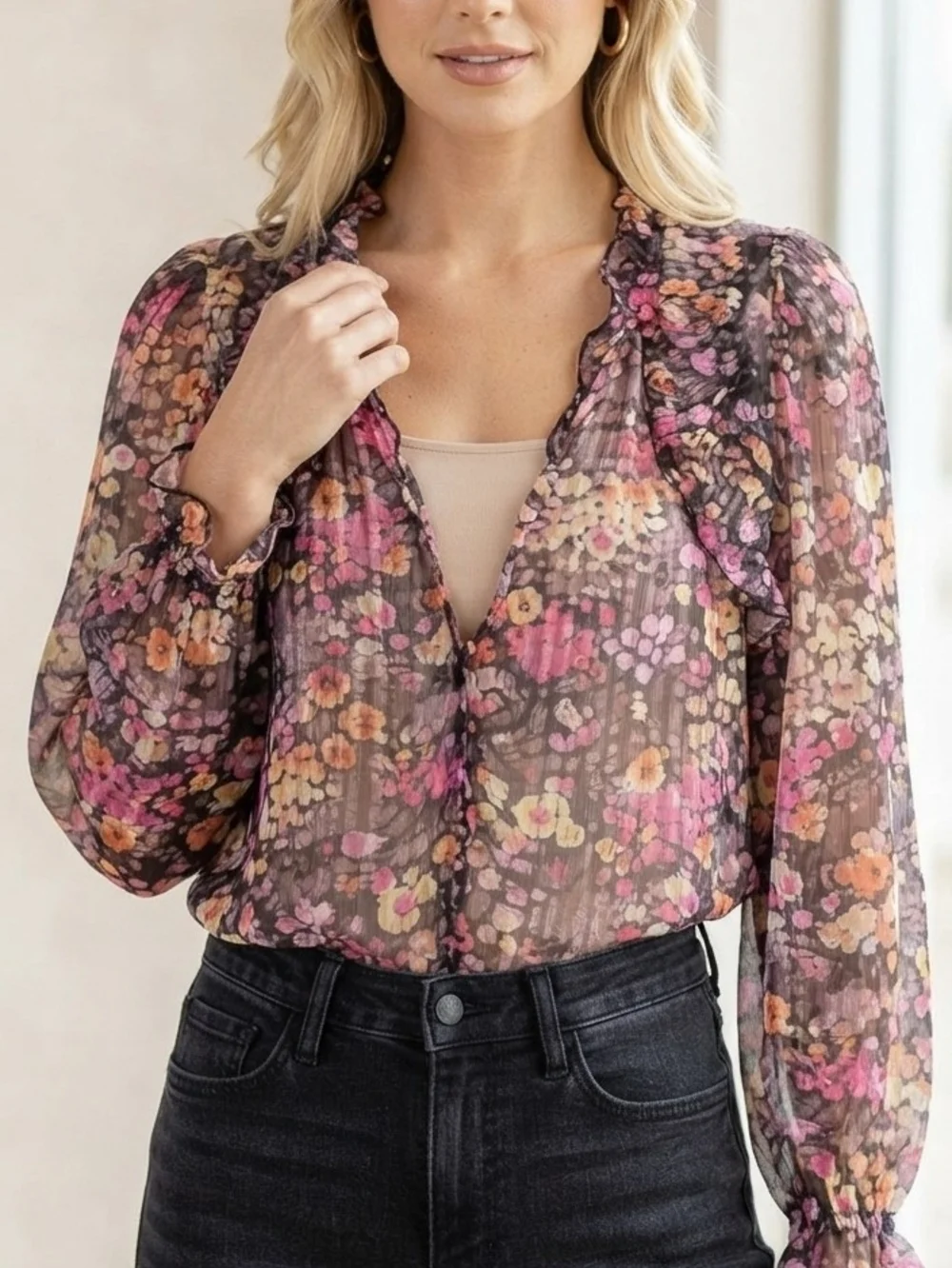 Umgee Sheer Floral Ruffle Blouse - Pink, Orange, Cream